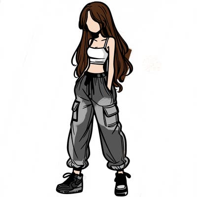 girl in baggy pants crop top and long hair