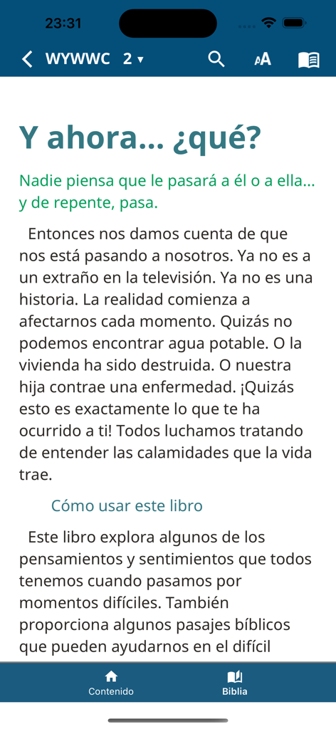 NVI Biblia de Estudio - Captura de pantalla de la aplicación NVI Biblia de Estudio que muestra una guía de estudio en español titulada Y ahora... ¿qué? con iconos de navegación para búsqueda y configuración de texto.