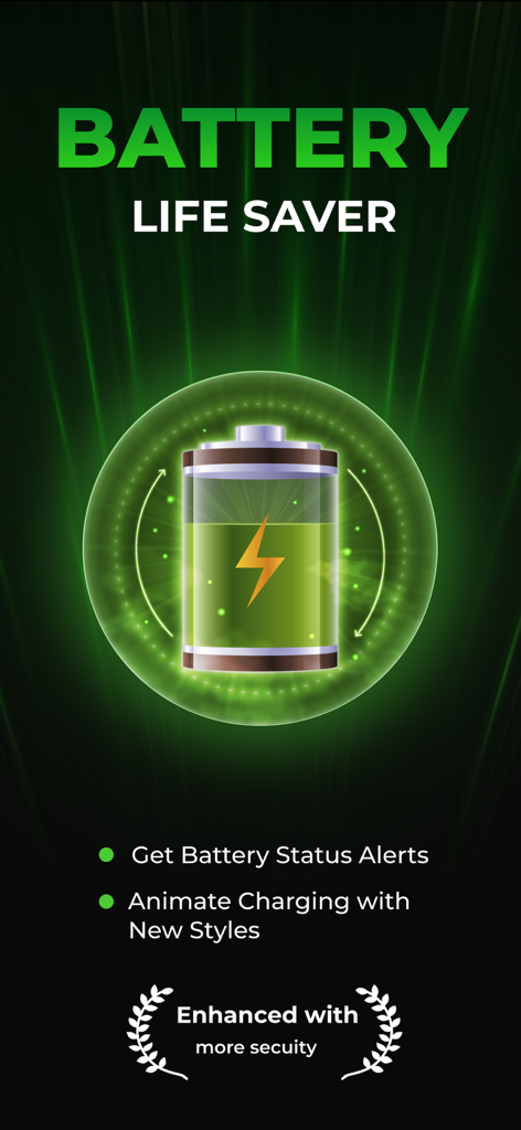 Battery Life Status, Saver - Graphic showing Battery Life Saver app with a glowing green battery and feature list