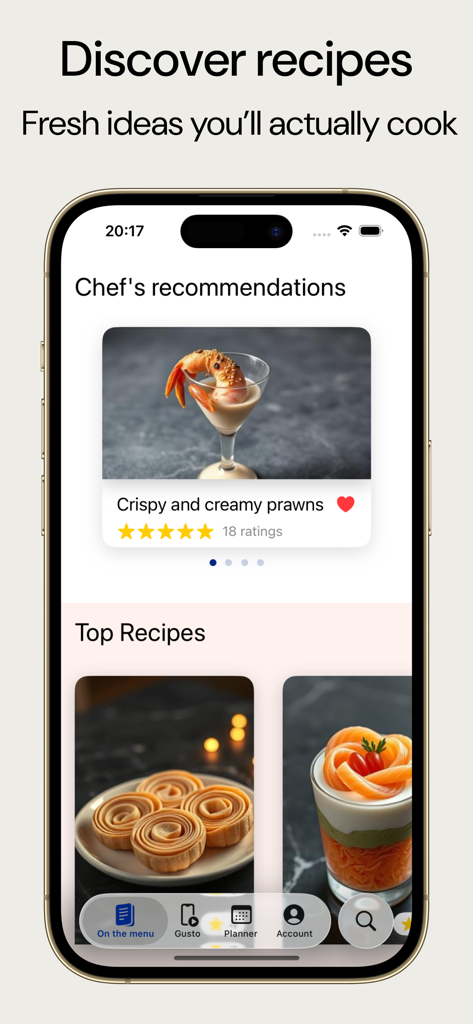 Foodix - Easy Recipes - Foodix app screen showing recipe discovery and chefs recommendations with a photo of crispy prawns.