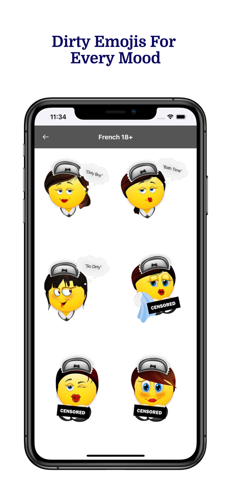 Adult emojis with French maid theme and suggestive speech bubbles in the Flirtycon app