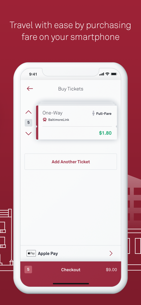 Interfaz de la aplicación CharmPass para comprar boletos de transporte de Baltimore con Apple Pay