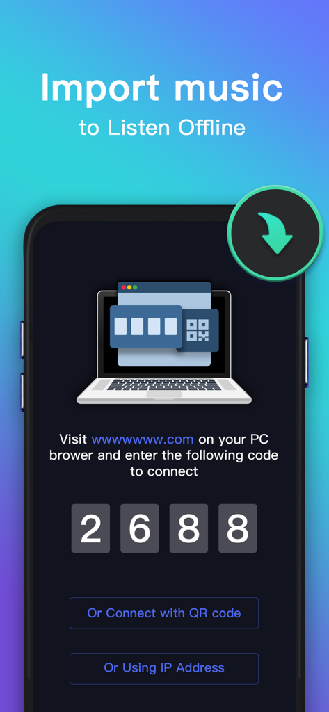 Interface of the Offline Player app showing music import options from a PC via connection code or QR code