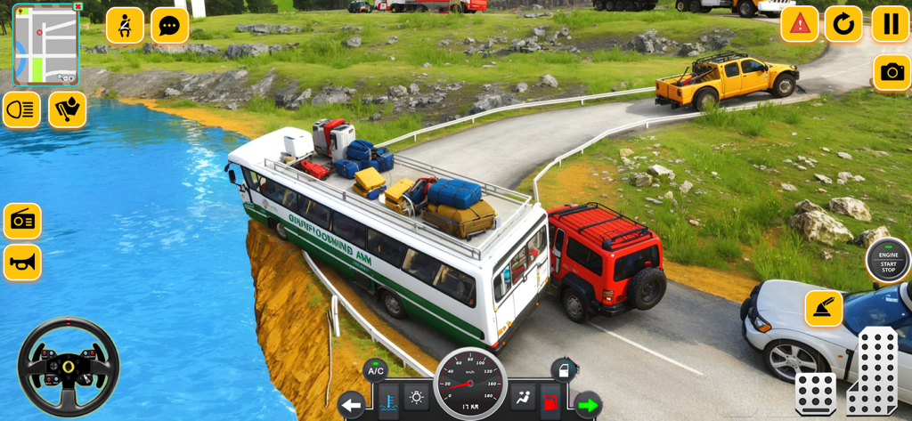 Heavy Bus Driving Hill Station - Gameplay of a heavy bus driving along a narrow cliff road above water