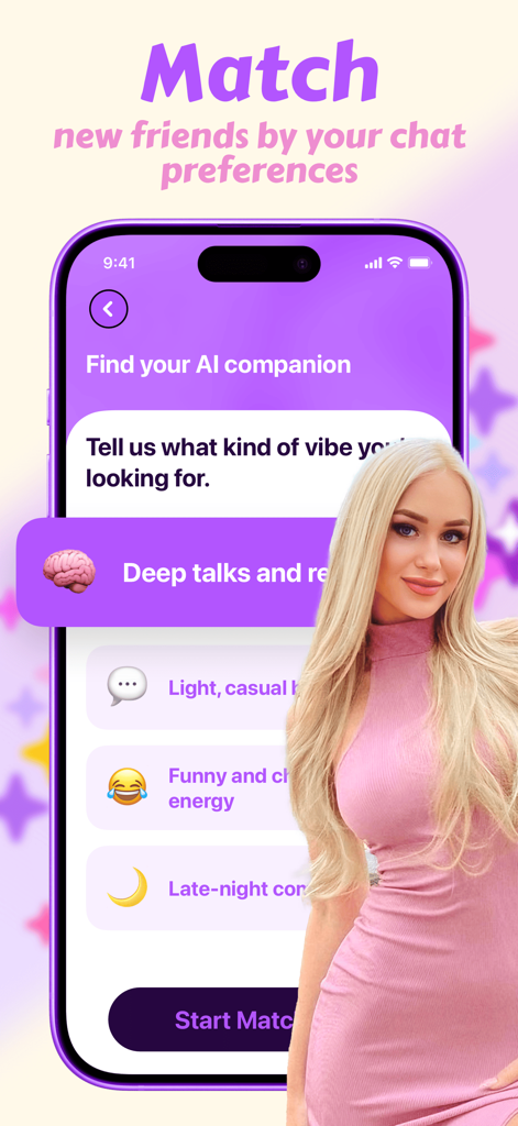 렉실 앱 스크린샷으로, 심도 있는 대화나 캐주얼한 잡담과 같은 채팅 선호도에 따라 AI 동반자와 매칭하는 인터페이스를 보여줍니다.