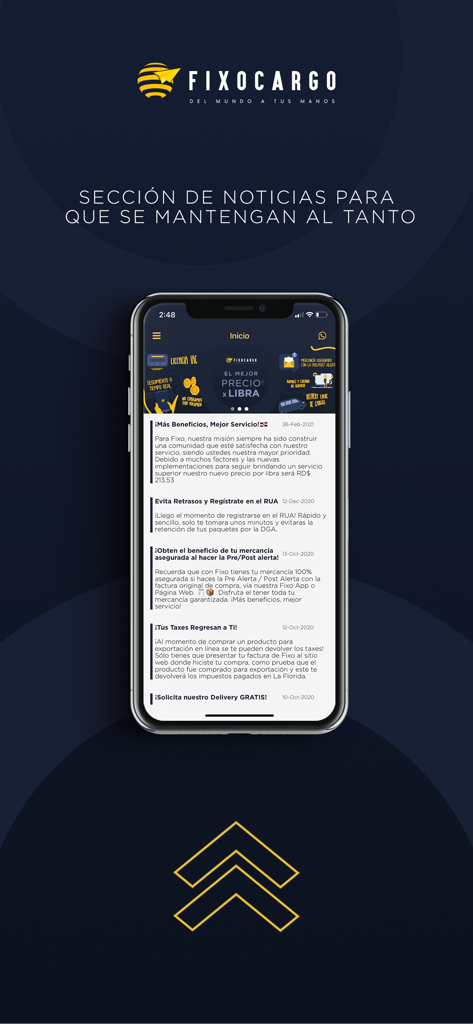 Fixo Cargo - Smartphone screen showing the Fixo Cargo news section with shipping updates and promotions in Spanish.