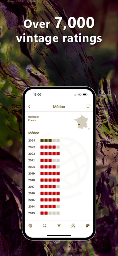 Wine Vintages app displaying yearly quality ratings for the Medoc wine region in Bordeaux France