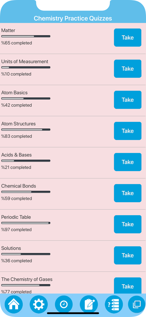 Science : Learn Chemistry - 進捗バーと「開始」ボタンを備えた化学クイズのトピックリストがアプリに表示されています。