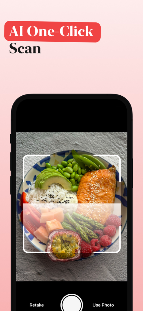 Eated app mobile interface showing the AI one-click scan feature capturing a photo of a healthy salmon and vegetable bowl