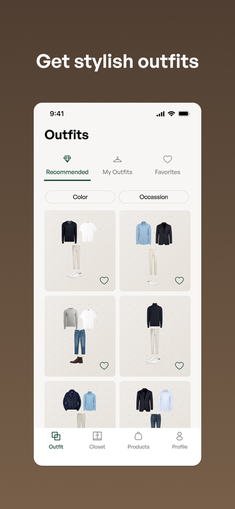 Vestio - Interfaz de la aplicación Vestio que muestra combinaciones de atuendos elegantes recomendadas para un armario cápsula.