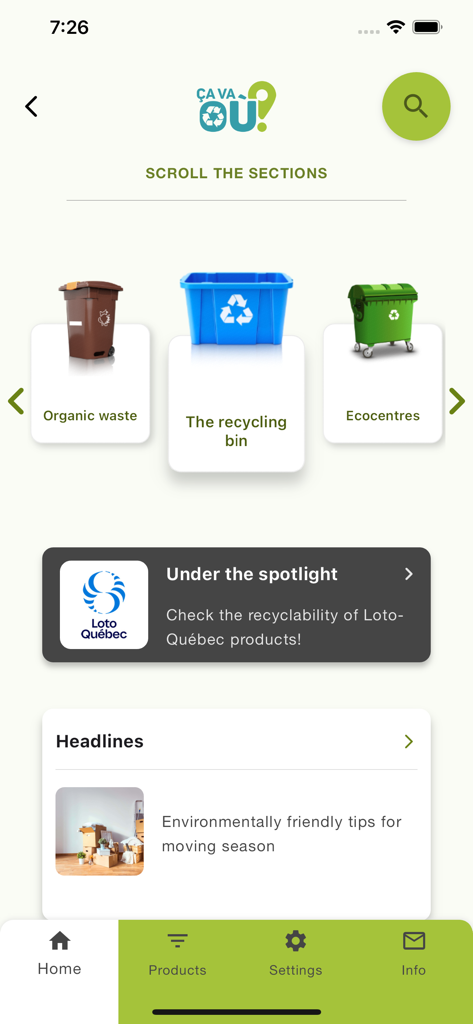 Ça va où? - Interfaz de la aplicación Ca va ou mostrando categorías de clasificación para reciclaje de residuos orgánicos y ecocentros