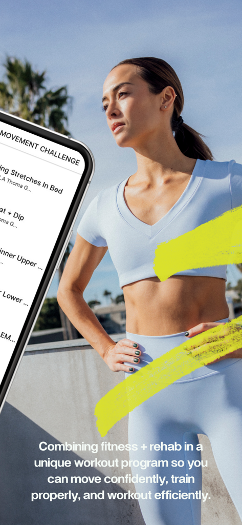 DTBA - Uma mulher em roupa atlética fica ao lado de um celular mostrando a interface do desafio de movimento DTBA