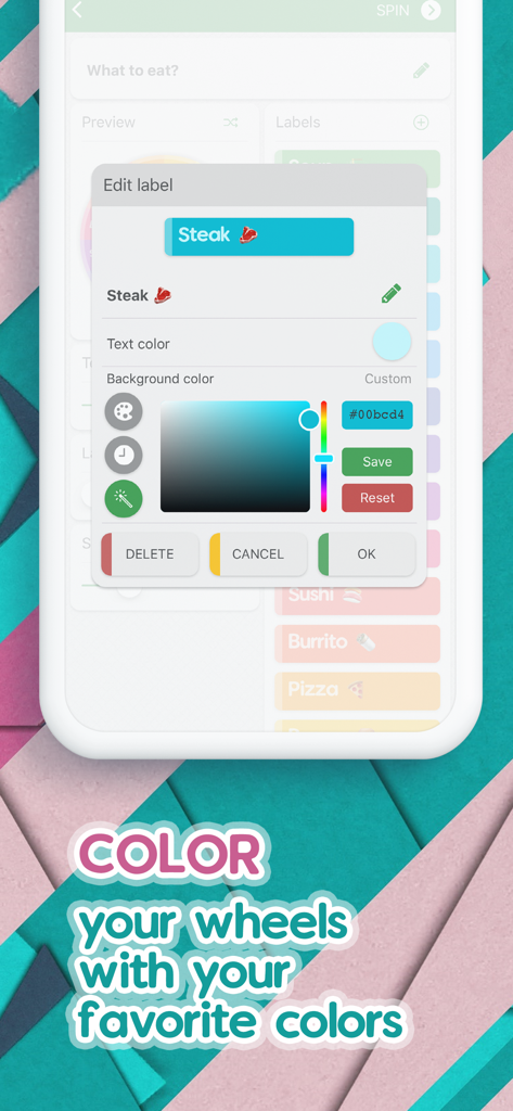 Spin The Wheel - Random Picker - Personalizando um rótulo de roda com um seletor de cores no aplicativo Spin The Wheel