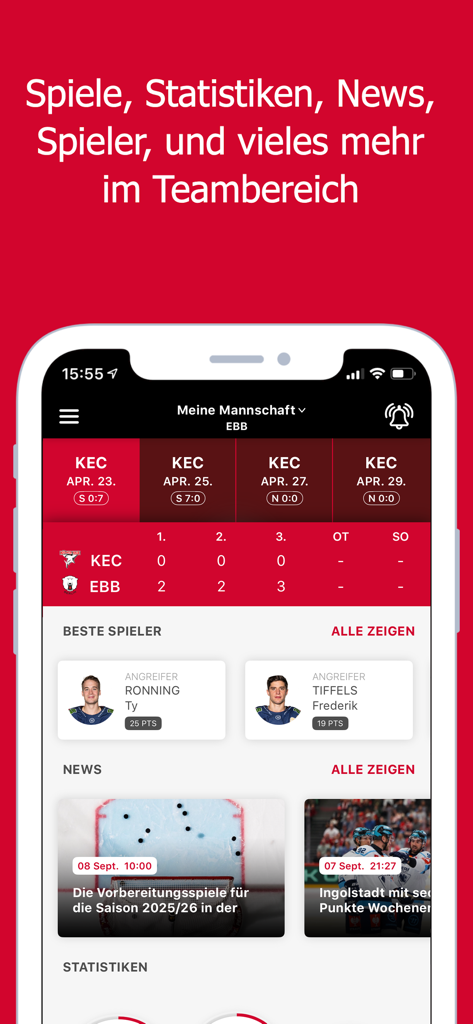 Deutsche Eishockey Liga - Official DEL hockey app interface displaying team scores, player profiles, and recent news