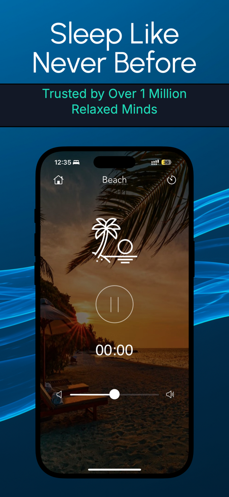 Relaxing Nature Sleep Sounds - Pantalla de smartphone mostrando el paisaje sonoro del atardecer en la playa en la aplicación Sonidos Relajantes de la Naturaleza para Dormir.