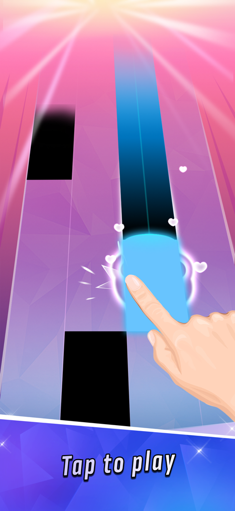 A hand tapping a long blue musical tile in the Piano Tiles 2 mobile game with a pink and purple background.