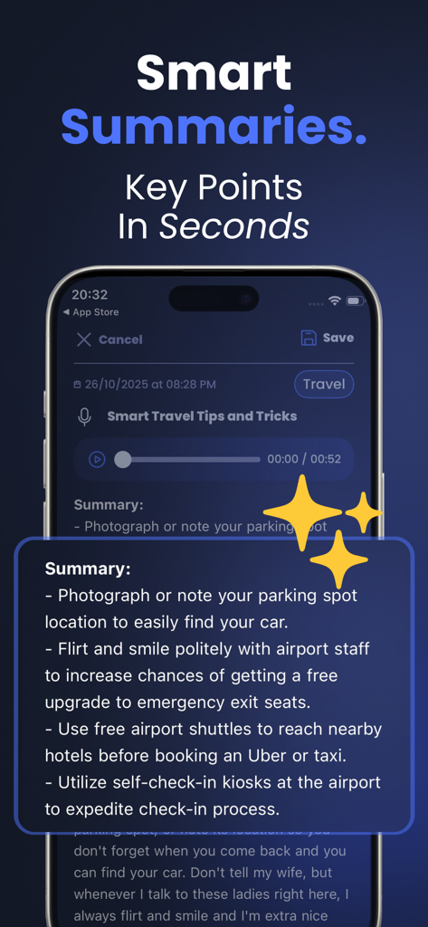 Voice Memo: Braindump - Braindump app interface displaying an AI generated summary of travel tips from a voice recording
