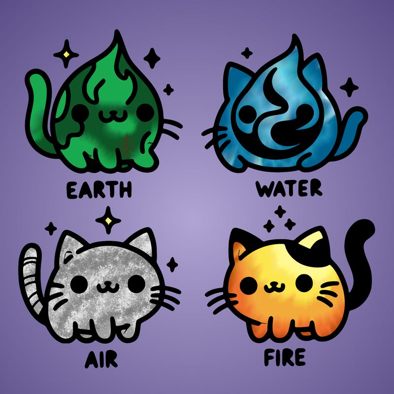 4 cats that represent the different elements, earth, water, air, and fire