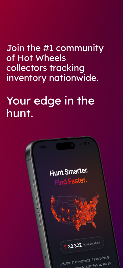 HW_Tracker - Ein Smartphone, das die HW Tracker-App mit einer landesweiten Karte von über dreißigtausend aktiven Hot Wheels-Lagerstandorten anzeigt.