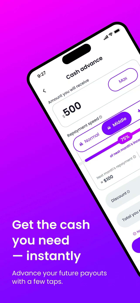 Creator Cash App - Smartphone screen showing a cash advance interface for digital creators with a five hundred dollar request and repayment options.