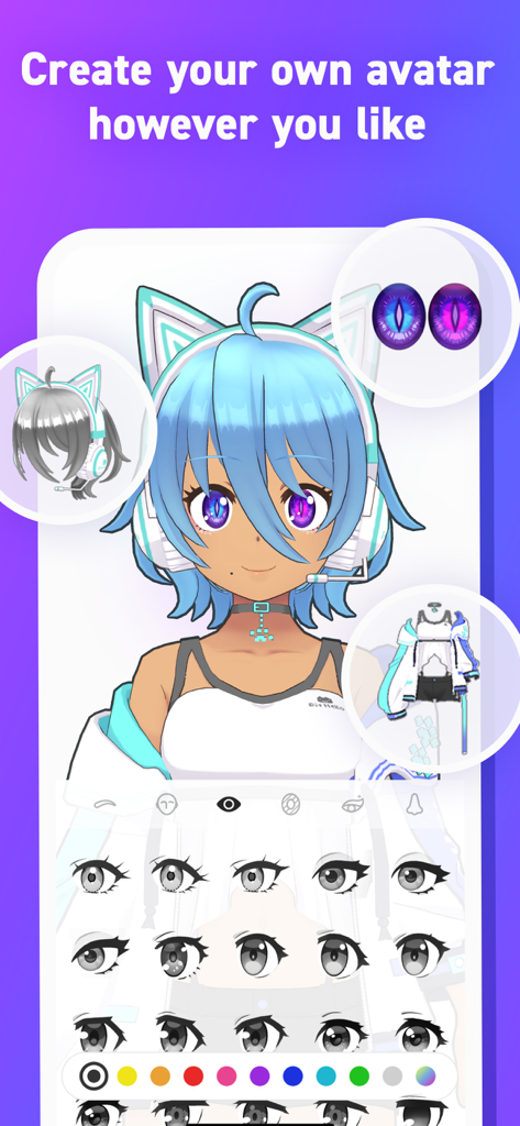 Interface of the REALITY app showing 3D anime avatar customization with various eye shapes hair styles and outfits