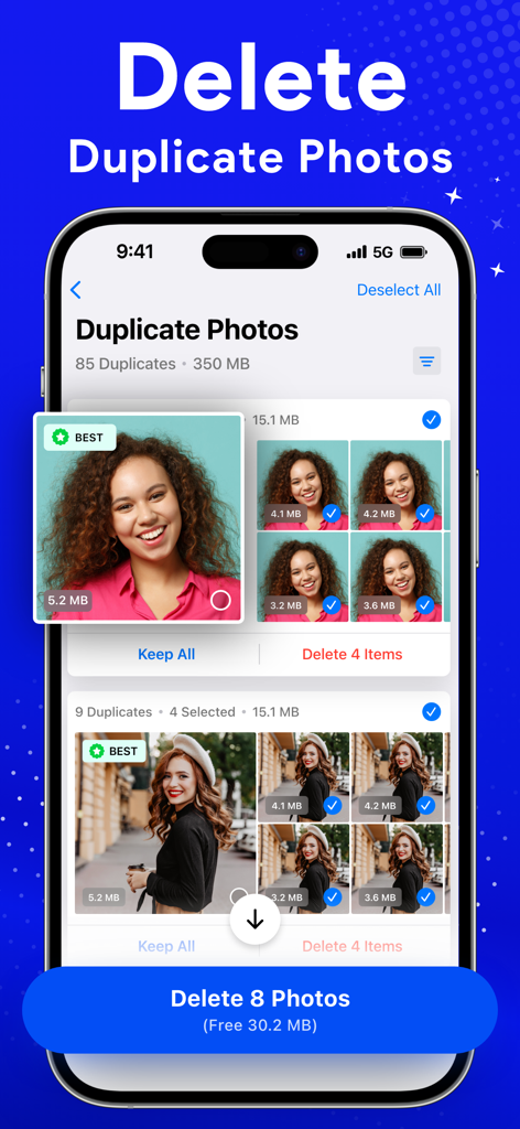 Cleaner: Free Up Storage Guru - Smartphone interface of the Cleaner app showing the process of identifying and deleting duplicate photos to free up storage.