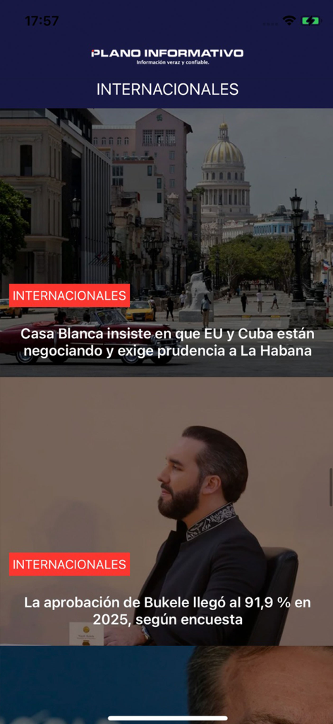 Plano Informativo - International news section of Plano Informativo app displaying global headlines in Spanish.