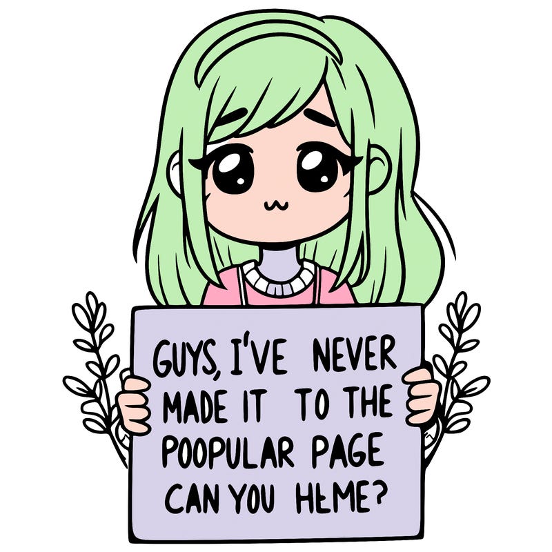 a girl holding up a sign that says, guys, i’ve never made it to the popular page, can you help me?