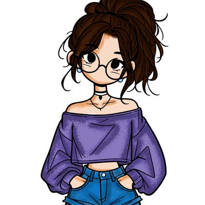 girl with a messy ponytail glasses a baggy crop top and jean shorts