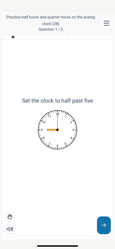 Nomp - Analog clock math exercise in the Nomp app asking to set the time to half past five.