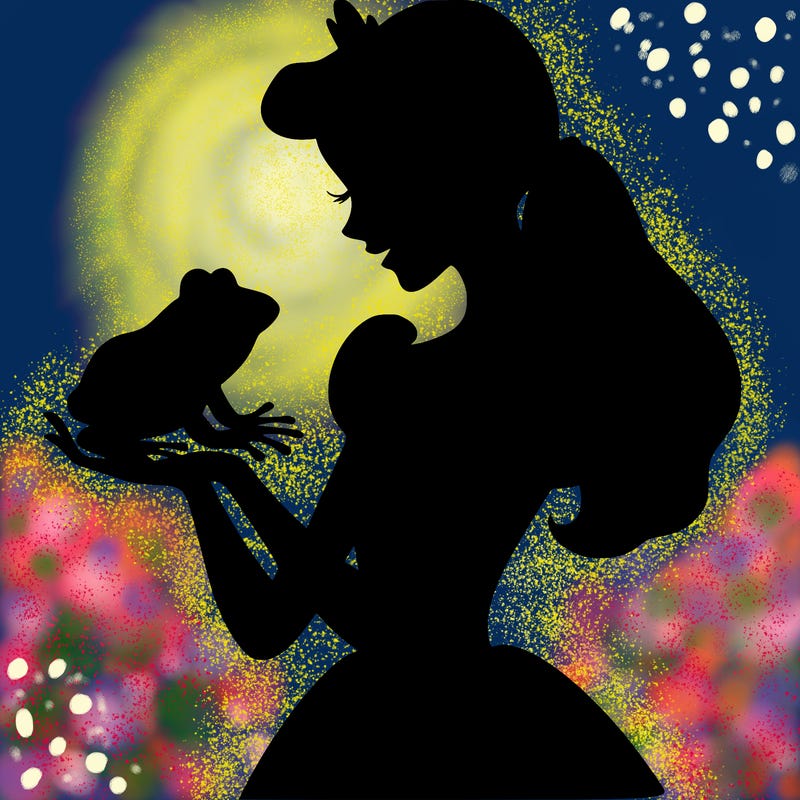 a shadow of a princess holding a frog realistic
