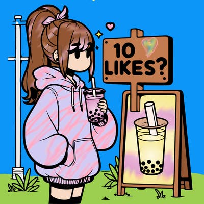girl with oversized hoodie drinking boba and she has a high ponytail with a sign that says 10likes?