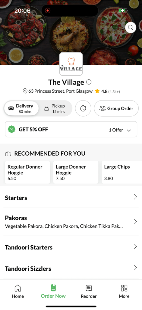 The Village Port Glasgow - Mobile app interface for The Village Port Glasgow showing restaurant menu categories and delivery options