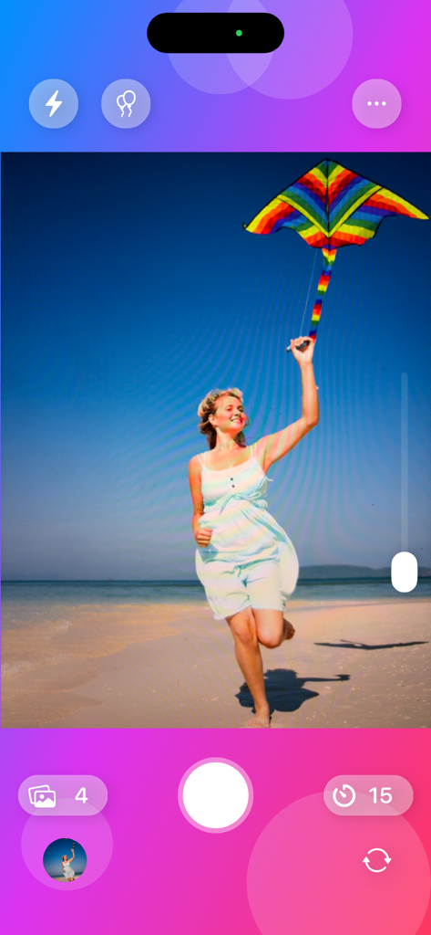 Self Timer - Interface do aplicativo Temporizador mostrando uma mulher correndo na praia com uma pipa e uma contagem regressiva de quinze segundos