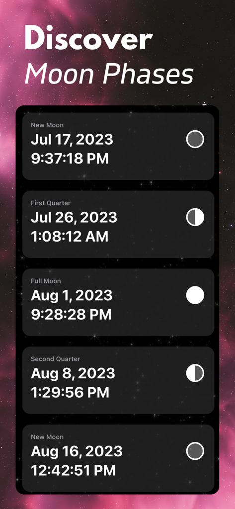 Moon Phases+ - A list of upcoming lunar phases including new moon and full moon with dates and times