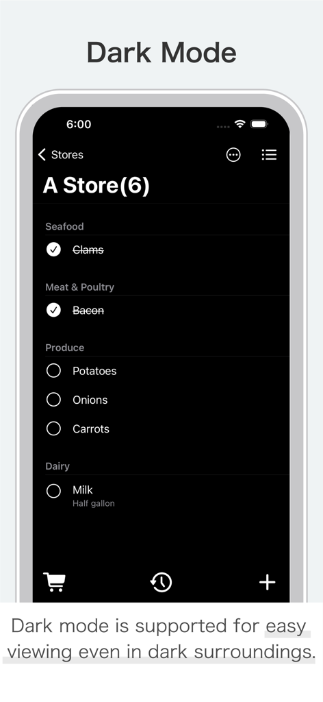 Shopping Lists+ Share&History - 店舗の部門ごとに整理された食料品アイテムを表示するダークモードのショッピングリストアプリ画面。