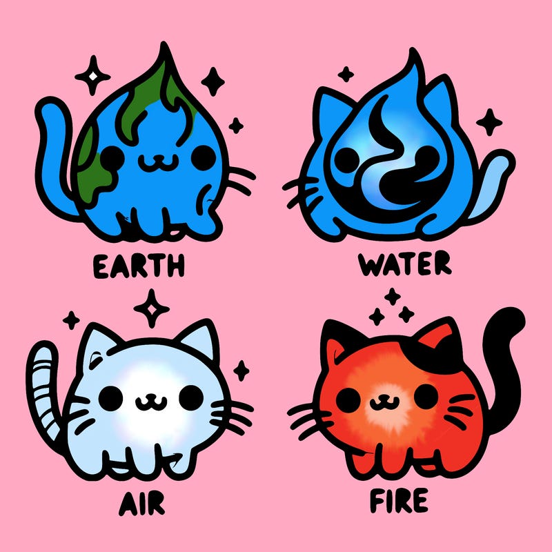4 cats that represent the different elements, earth, water, air, and fire