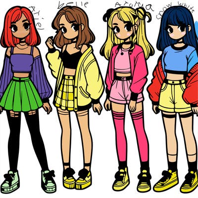 one girl with crop-top shirt and a jacket with a skirt, long socks and another girl with a shirt and pants with a jacket