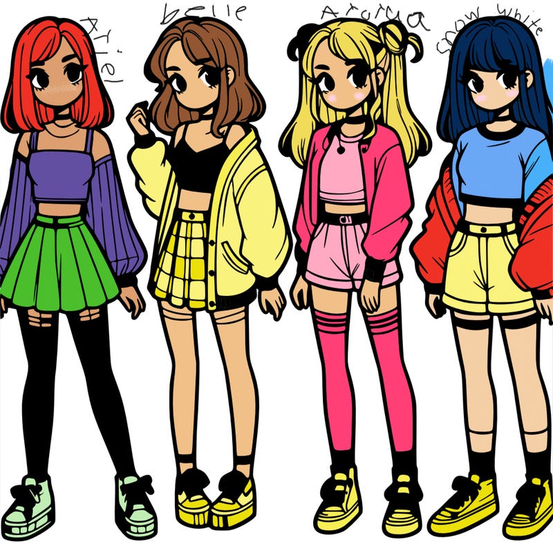 one girl with crop-top shirt and a jacket with a skirt, long socks and another girl with a shirt and pants with a jacket