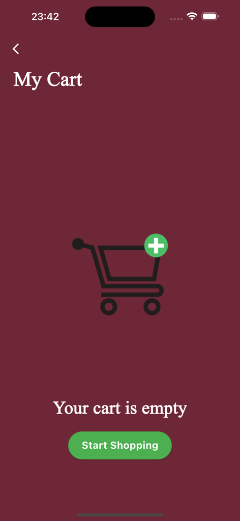 Zaitoune - Empty shopping cart screen in the Zaitoune app with a Start Shopping button