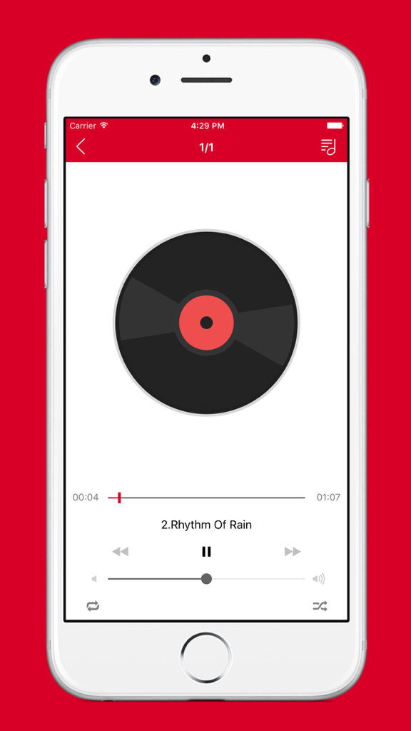 Cloud Music - Mp3 Player and Playlists Manager for Cloud Storage App - Interfaz del reproductor de música de la aplicación Cloud Music que muestra un icono de disco de vinilo y controles de reproducción en un iPhone