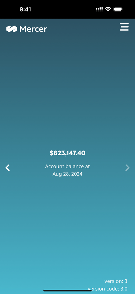 Mercer NZ - Captura de pantalla del panel de la aplicación móvil Mercer NZ que muestra un saldo de cuenta financiera y la fecha