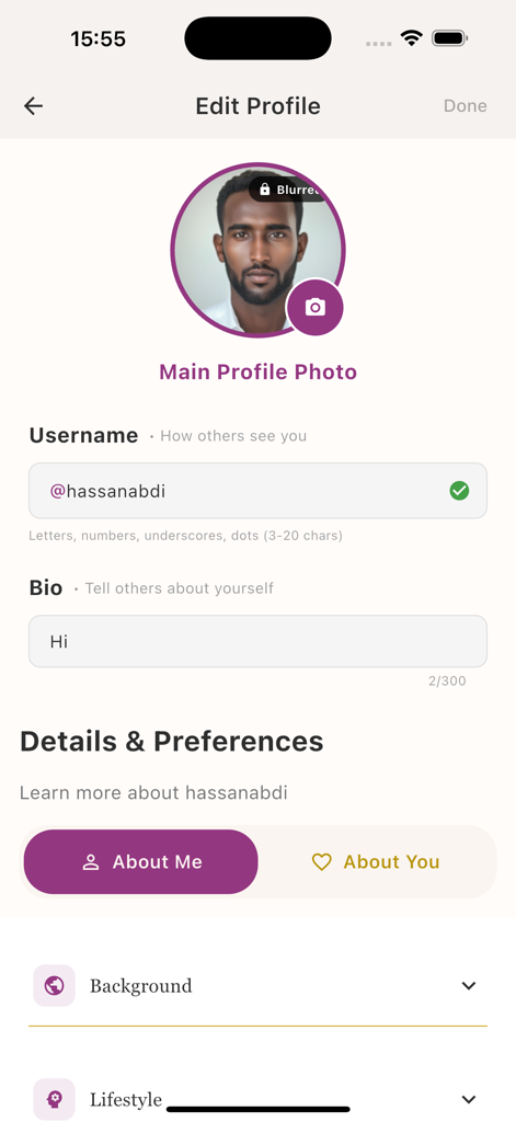 Sahan - Somali Marriage - Edit profile screen of the Sahan Somali marriage app showing profile picture and username