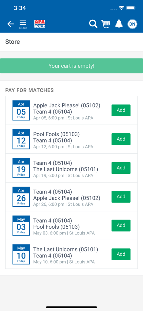 APA Pool League - The APA Pool League app store screen showing a list of upcoming matches with options to pay for fees.