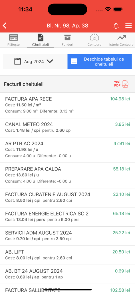 homefile - Homefile mobile app screen showing a detailed monthly bill breakdown for utilities and property management fees