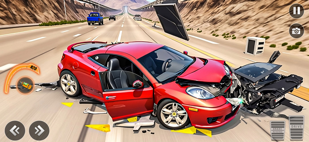 Beam Drive 3d Car Crash Sim - A red sports car with realistic front-end damage after a high-speed collision in the Beam Drive 3D car crash simulator