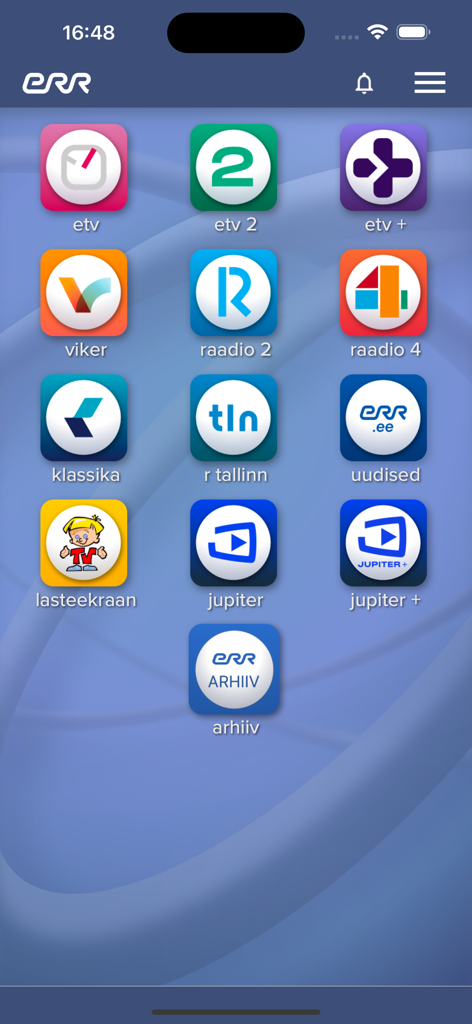 Menu principale dell'app ERR che mostra icone per vari canali TV e radio estoni