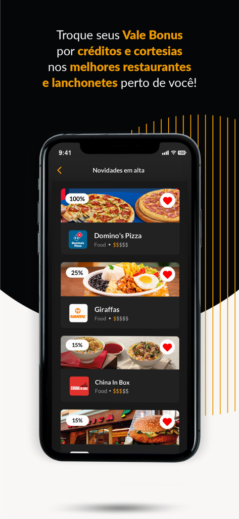 A smartphone showing the Vale Bonus app screen with various restaurant rewards and discount percentages for chains like Dominos and China In Box.