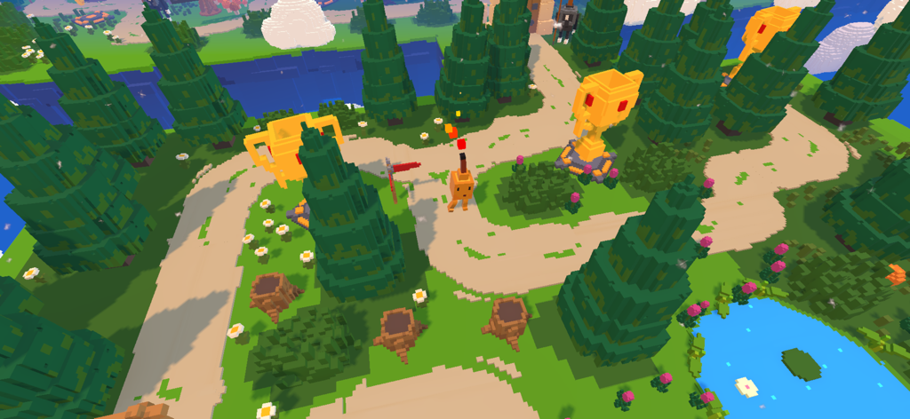 Blow it up Mobile - Vista aérea en arte de vóxeles de un mapa de nivel de bosque en Blow it up Mobile con un personaje y trofeos dorados.