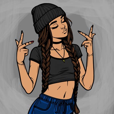 realistic teenage girl with braids and a beanie and crop top doing 🫶🏼